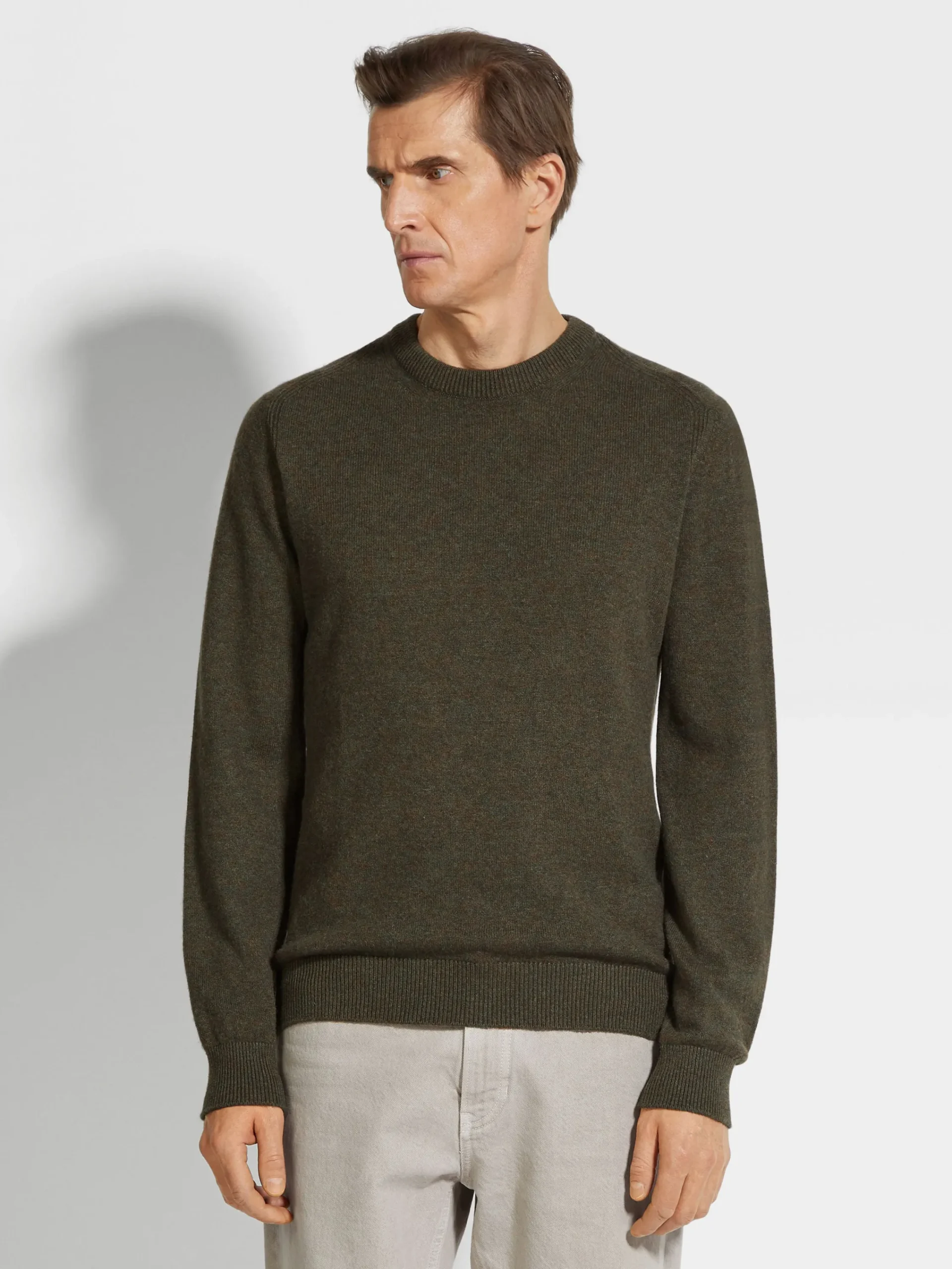 Travel In Style|Sweaters>ZEGNA Army Green Multimélange Oasi Cashmere Crewneck ArmyGreenMultimélange