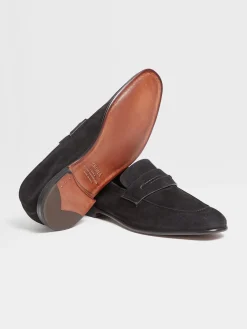 Loafers>ZEGNA Suede L'Asola Loafers Black