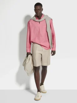 Resort Essentials|Shirts>ZEGNA Crossover Blend Cotton Linen and Silk Polo Shirt Fuchsia