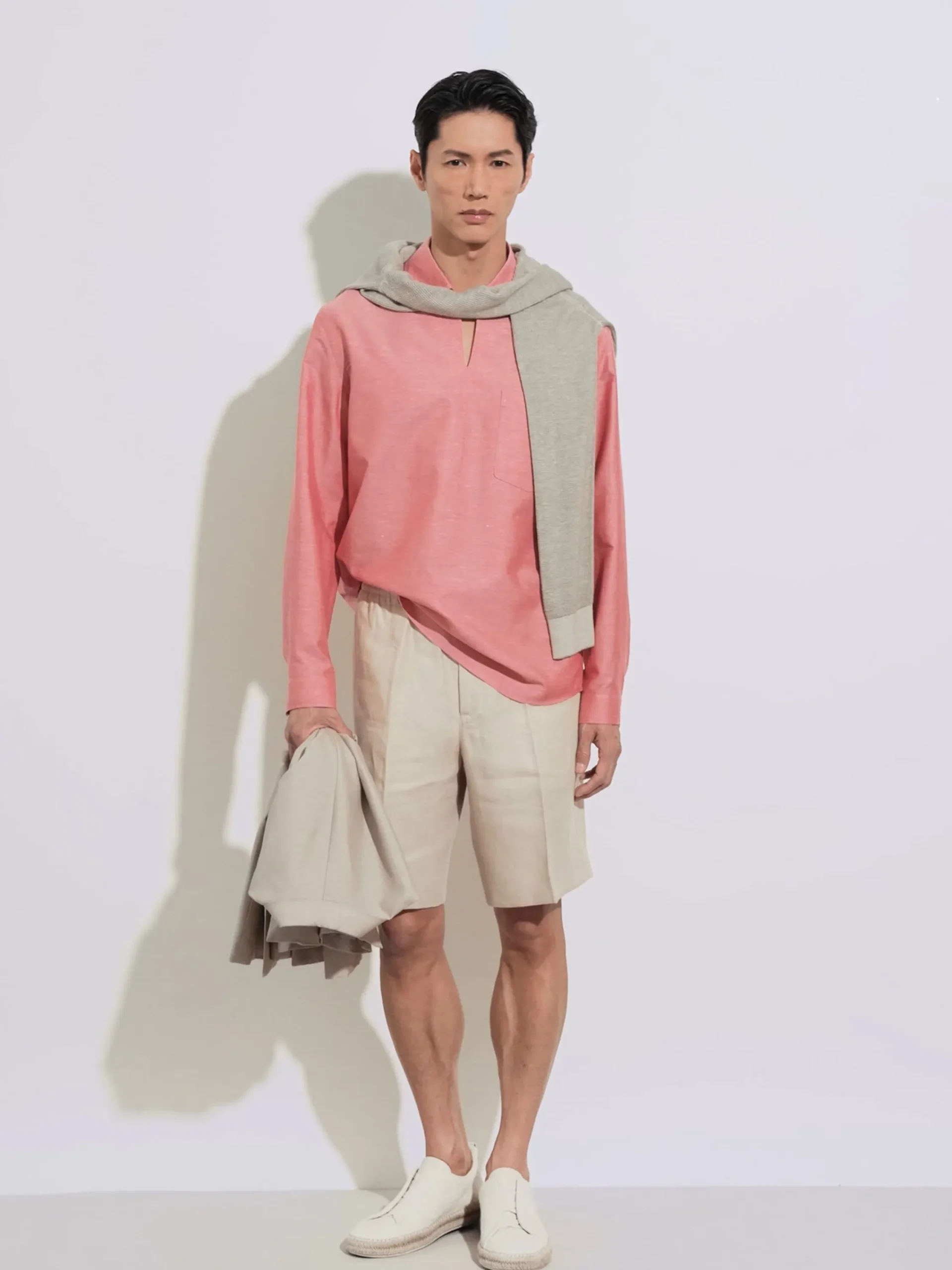 Resort Essentials|Shirts>ZEGNA Crossover Blend Cotton Linen and Silk Polo Shirt Fuchsia