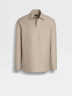 Resort Essentials|Shirts>ZEGNA Crossover Blend Cotton Linen and Silk Polo Shirt LightTaupe