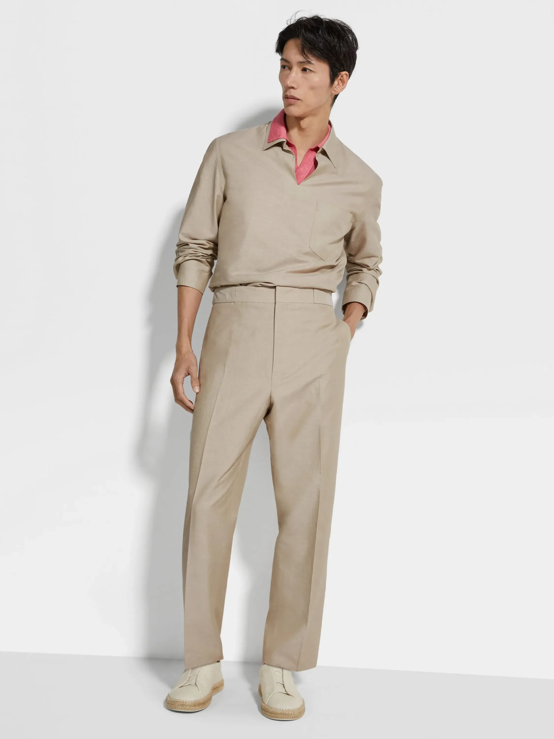 Resort Essentials|Shirts>ZEGNA Crossover Blend Cotton Linen and Silk Polo Shirt LightTaupe