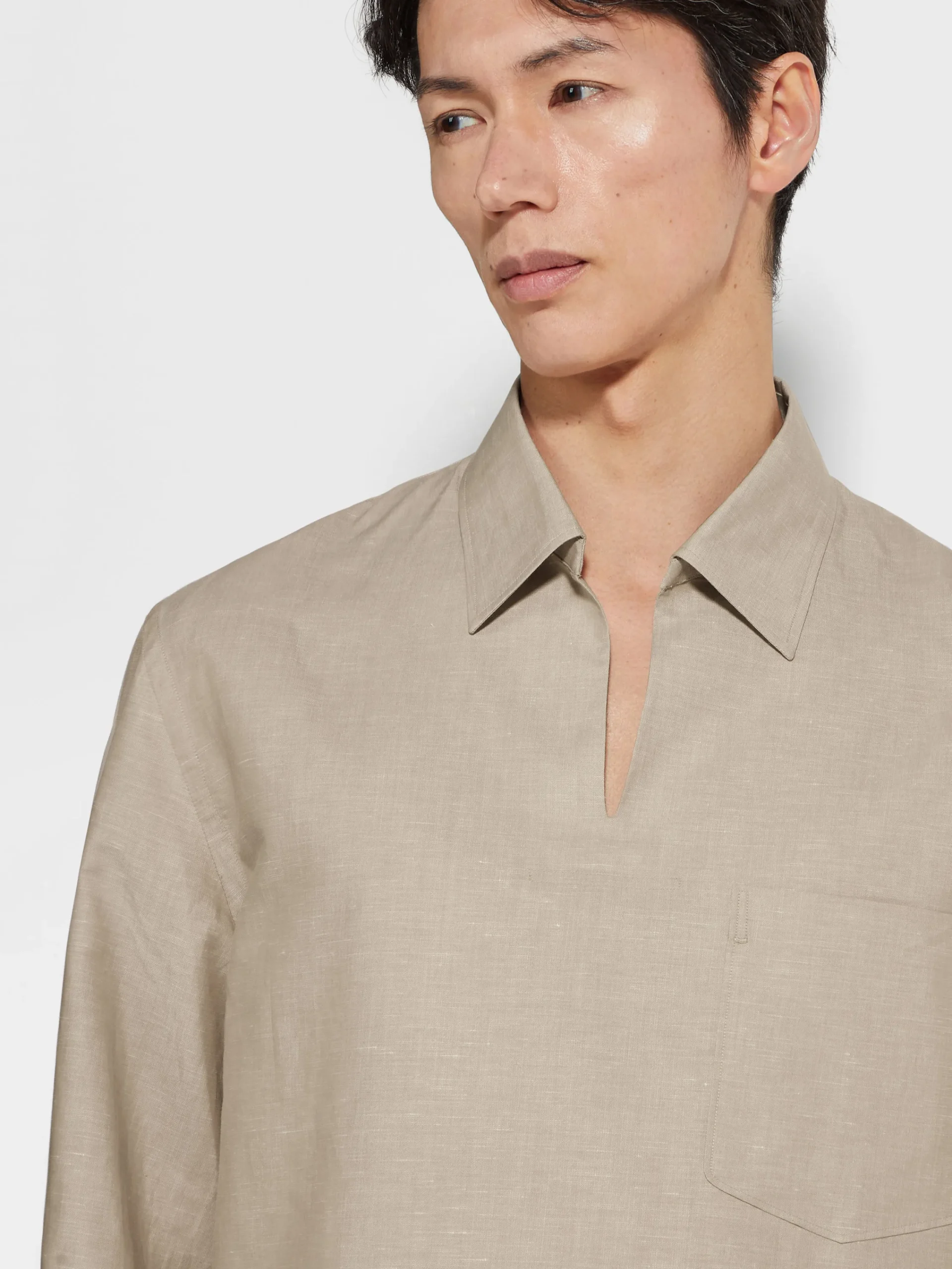 Resort Essentials|Shirts>ZEGNA Crossover Blend Cotton Linen and Silk Polo Shirt LightTaupe