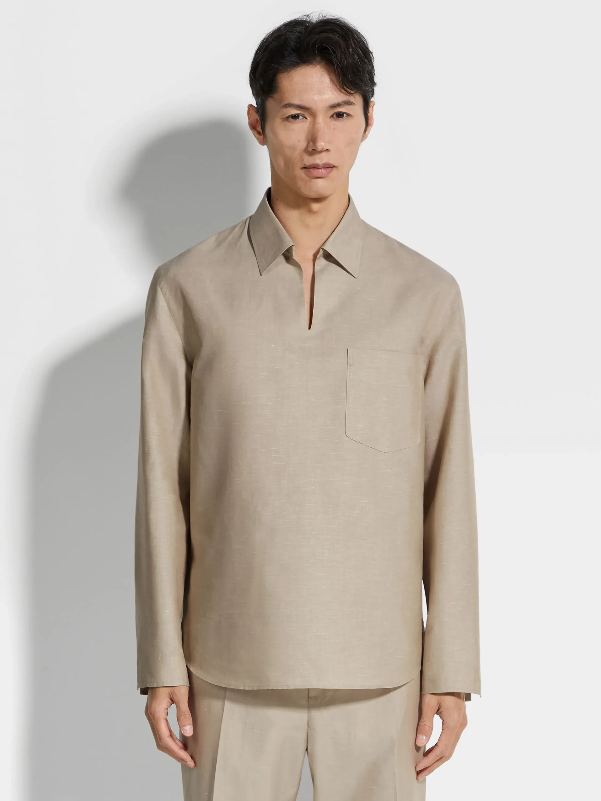 Resort Essentials|Shirts>ZEGNA Crossover Blend Cotton Linen and Silk Polo Shirt LightTaupe