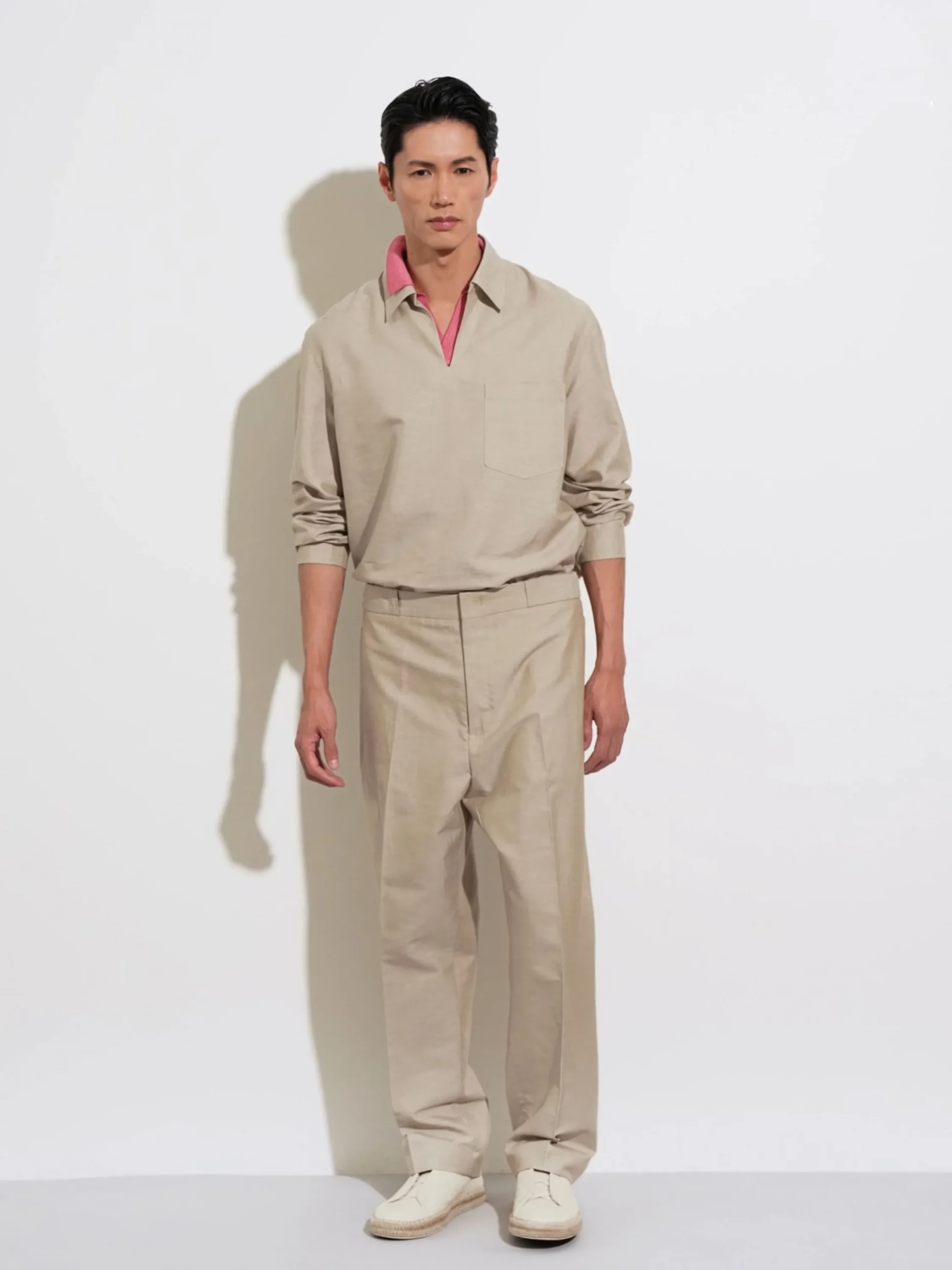 Resort Essentials|Shirts>ZEGNA Crossover Blend Cotton Linen and Silk Polo Shirt LightTaupe