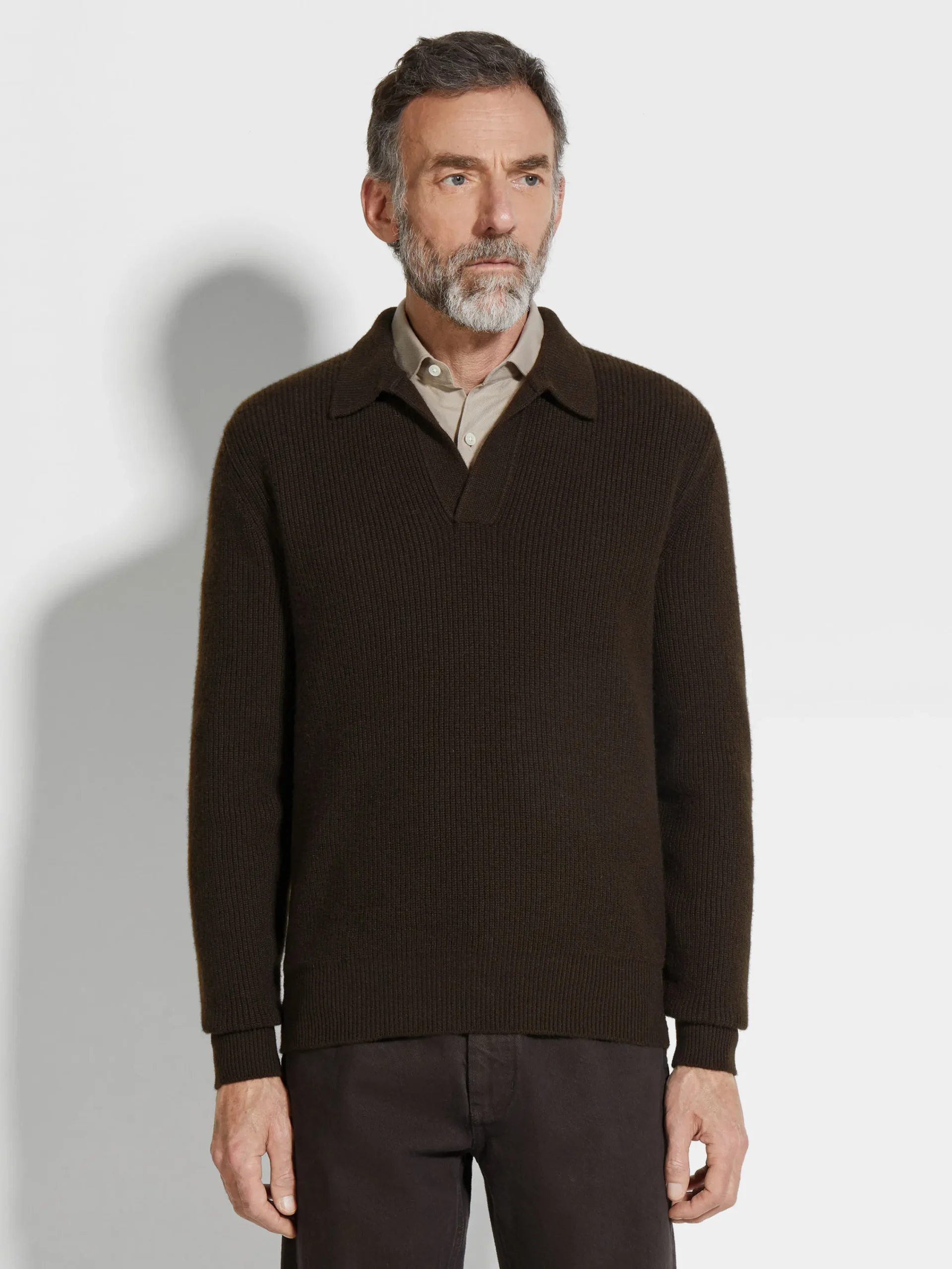 Polo Shirts|Sweaters>ZEGNA Dark Brown Mélange Oasi Cashmere Polo Shirt DarkBrownMélange