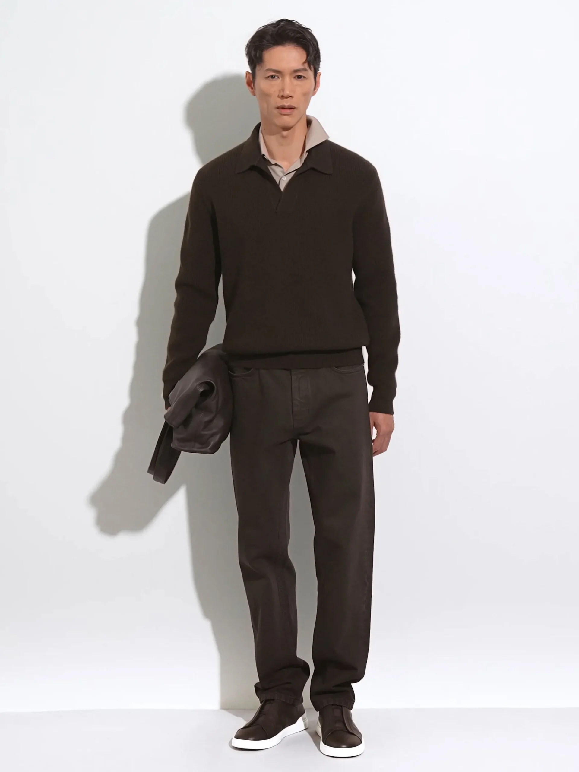 Polo Shirts|Sweaters>ZEGNA Dark Brown Mélange Oasi Cashmere Polo Shirt DarkBrownMélange