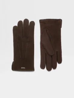 Travel In Style|Soft Accessories>ZEGNA Dark Brown Suede Gloves DarkBrown