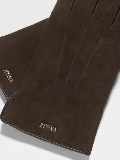 Travel In Style|Soft Accessories>ZEGNA Dark Brown Suede Gloves DarkBrown