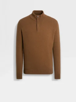 Sweaters>ZEGNA Dark Foliage Mélange Oasi Cashmere Zip Mock Neck Sweater DarkFoliageMélange
