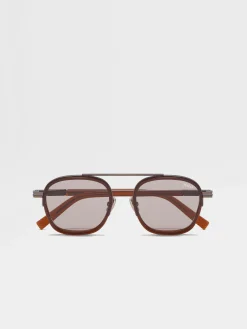 Resort Essentials|Small Gifts>ZEGNA Dark Foliage Orizzonte I Acetate and Metal Sunglasses DarkFoliage