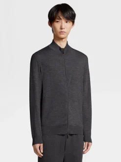 Joggers And Sweatshirts|Sweaters>ZEGNA Dark Grey 12milmil12 Wool Full Zip Sweatshirt DarkGrey