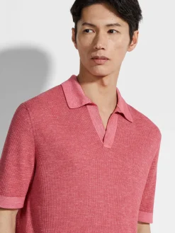 Resort Essentials|Polo Shirts>ZEGNA Fuchsia Mélange Silk Cashmere and Linen Polo Shirt FuchsiaMélange
