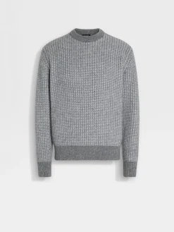 Travel In Style|Sweaters>ZEGNA Grey and White Cashmere Mohair and Silk Crewneck Grey/White