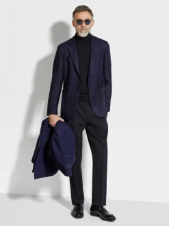 Blazers>ZEGNA Ink Blue and Black Cashmere and Linen Jacket InkBlue/Black