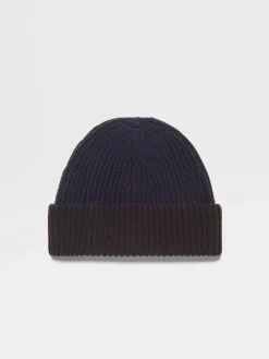 Travel In Style|Soft Accessories>ZEGNA Ink Blue and Dark Brown Oasi Cashmere Beanie InkBlue/DarkBrown