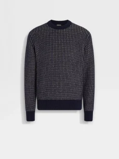 Travel In Style|Sweaters>ZEGNA Ink Blue and Light Taupe Cashmere Mohair and Silk Crewneck InkBlue/LightTaupe