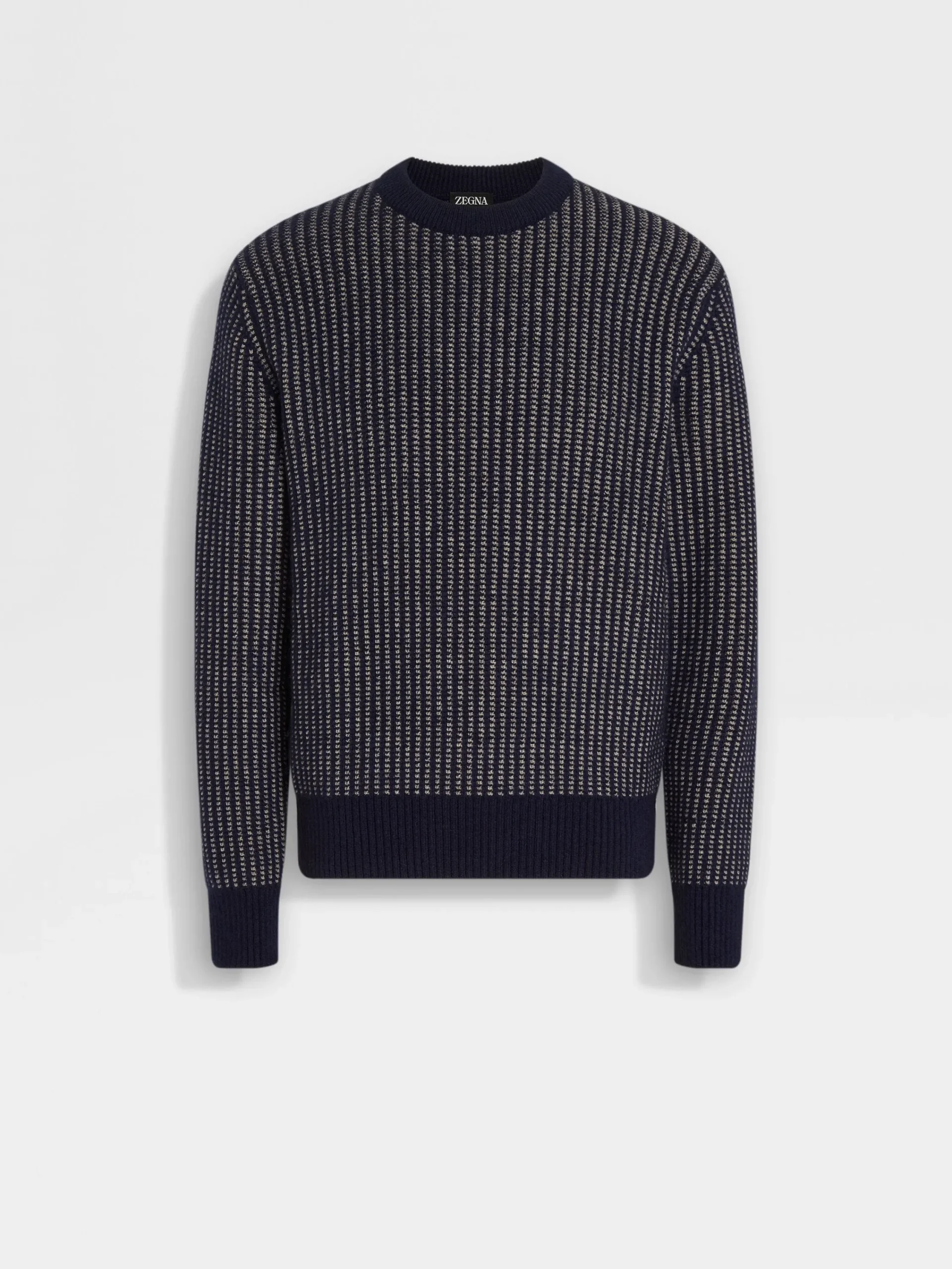 Travel In Style|Sweaters>ZEGNA Ink Blue and Light Taupe Cashmere Mohair and Silk Crewneck InkBlue/LightTaupe