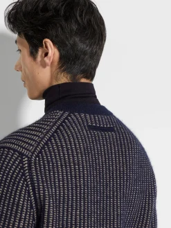 Travel In Style|Sweaters>ZEGNA Ink Blue and Light Taupe Cashmere Mohair and Silk Crewneck InkBlue/LightTaupe