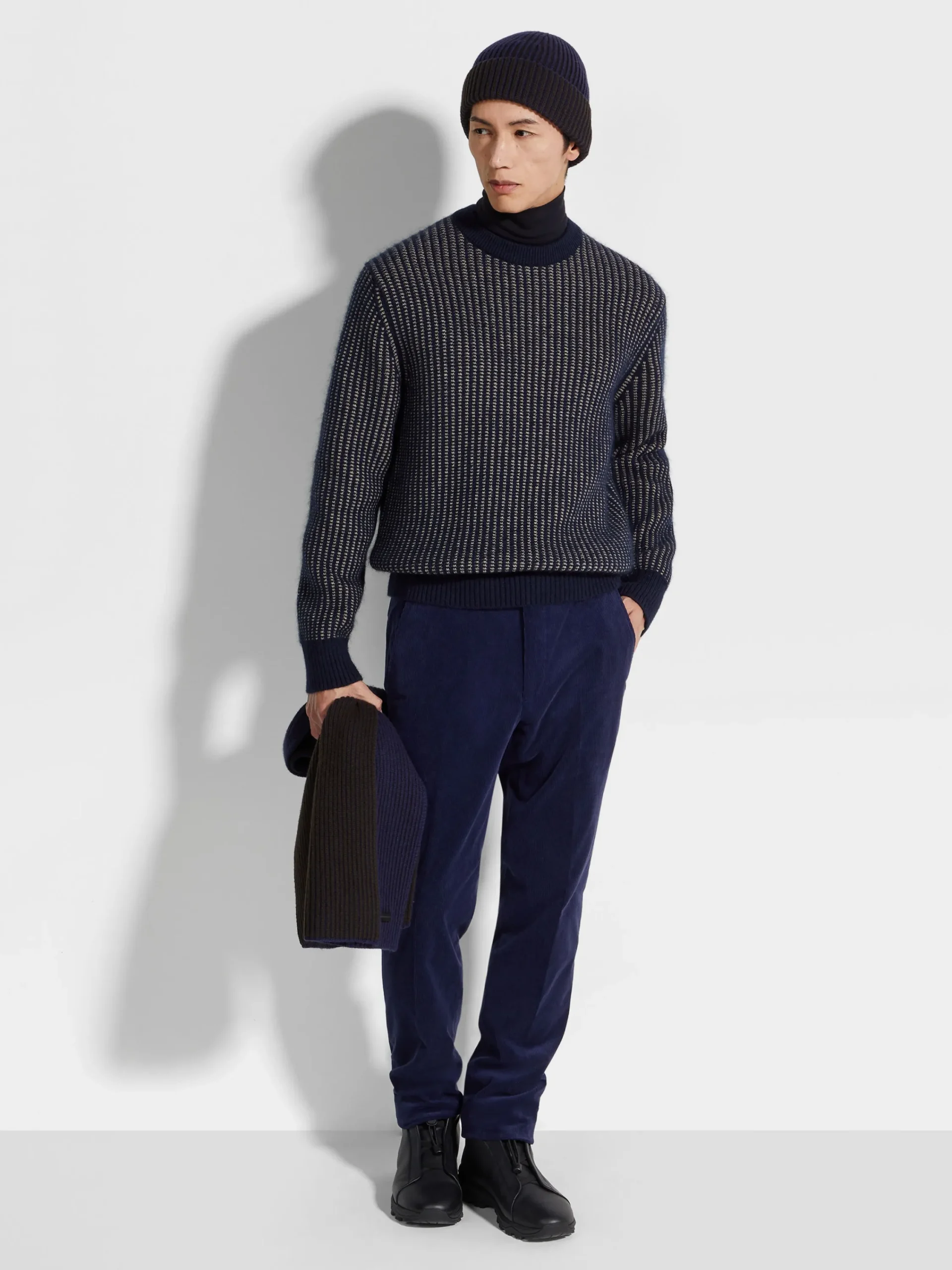 Travel In Style|Sweaters>ZEGNA Ink Blue and Light Taupe Cashmere Mohair and Silk Crewneck InkBlue/LightTaupe