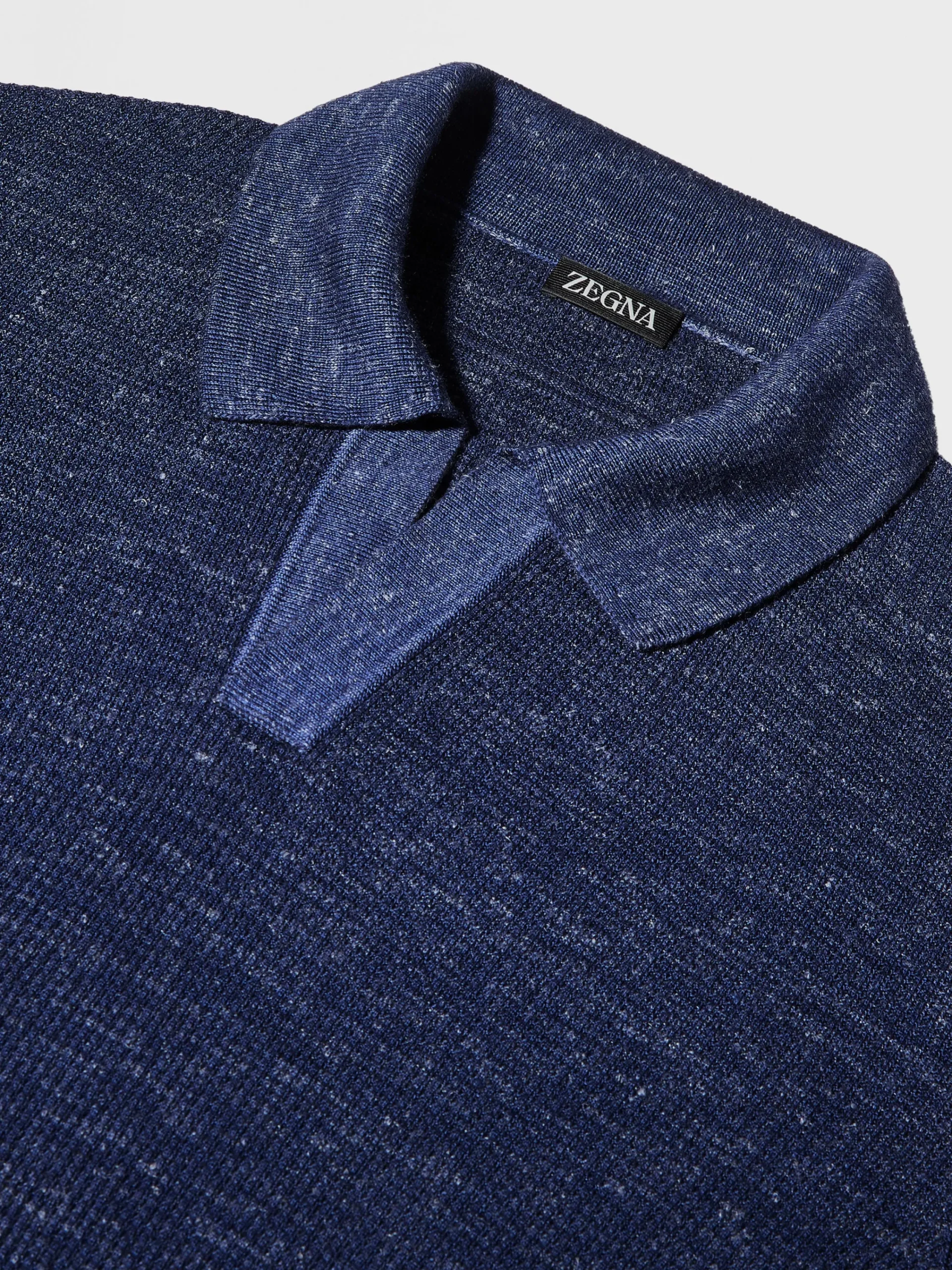 Polo Shirts|Sweaters>ZEGNA Ink Blue Mélange Silk Cashmere and Linen Polo Shirt InkBlueMélange