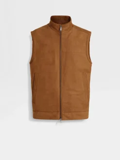 Jackets And Coats>ZEGNA Leather Vest DarkFoliage