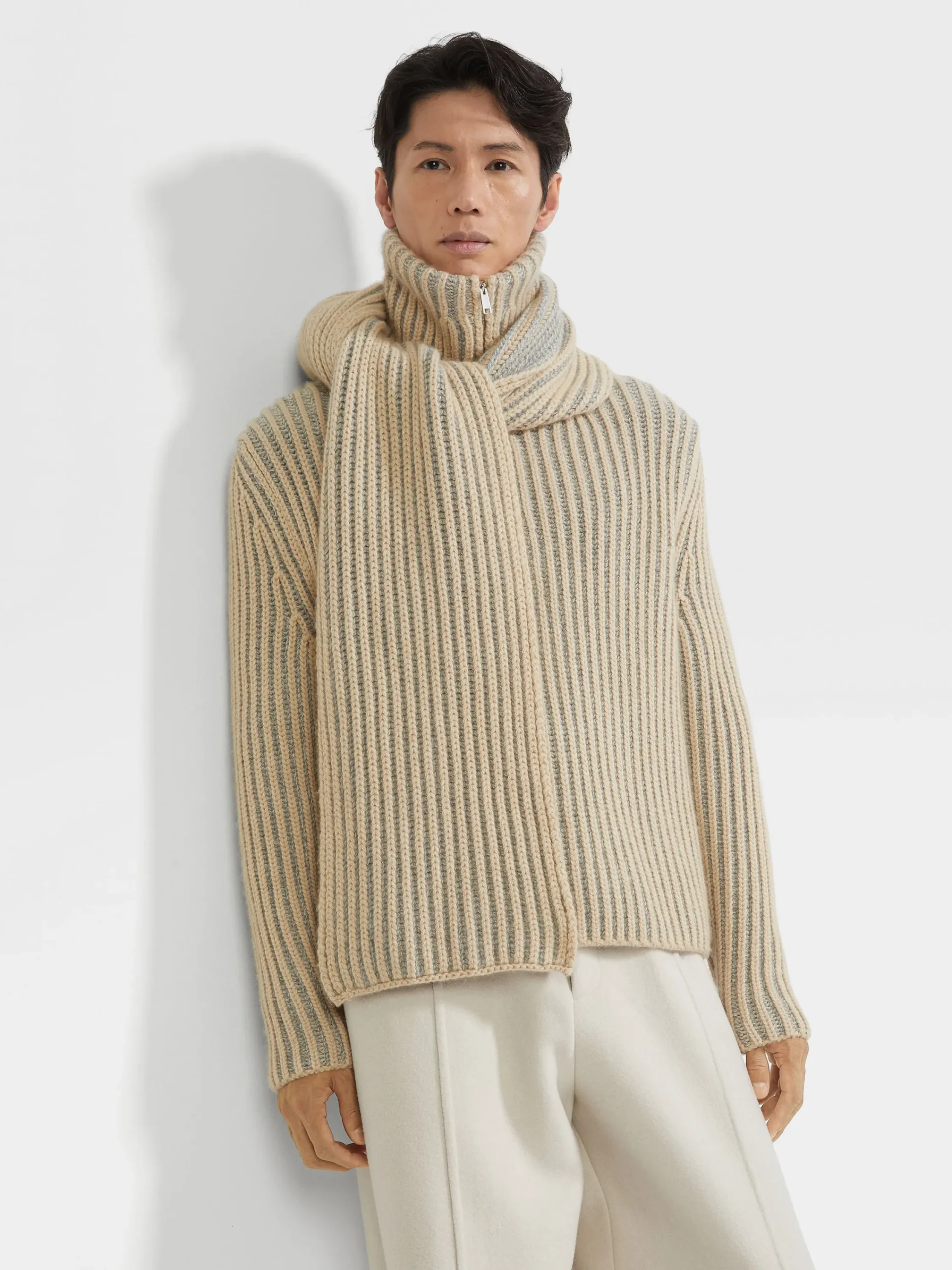 Soft Accessories|Gloves, Scarves And Hats>ZEGNA Light Beige and White Oasi Cashmere Scarf LightBeige/White