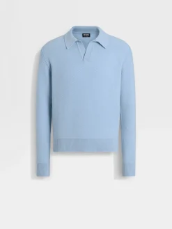 Polo Shirts|Sweaters>ZEGNA Light Blue Mélange Oasi Cashmere Polo Shirt LightBlueMélange