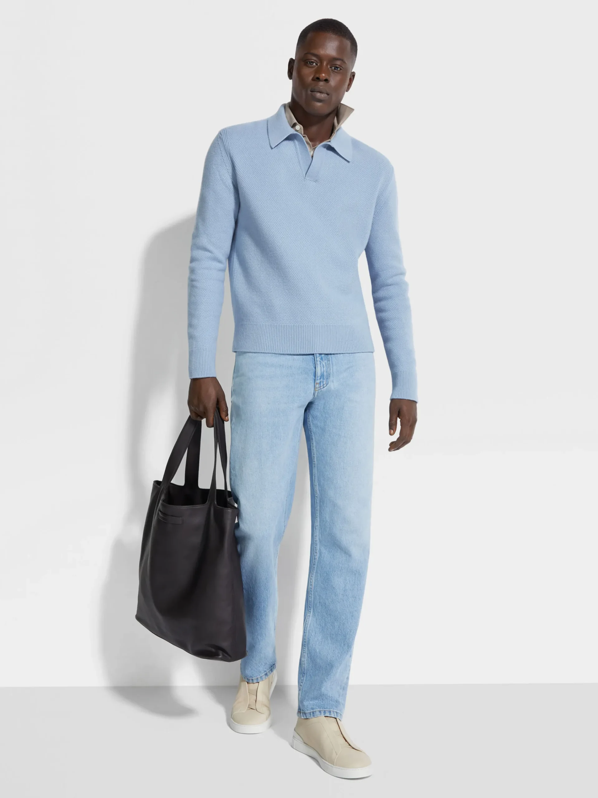 Polo Shirts|Sweaters>ZEGNA Light Blue Mélange Oasi Cashmere Polo Shirt LightBlueMélange