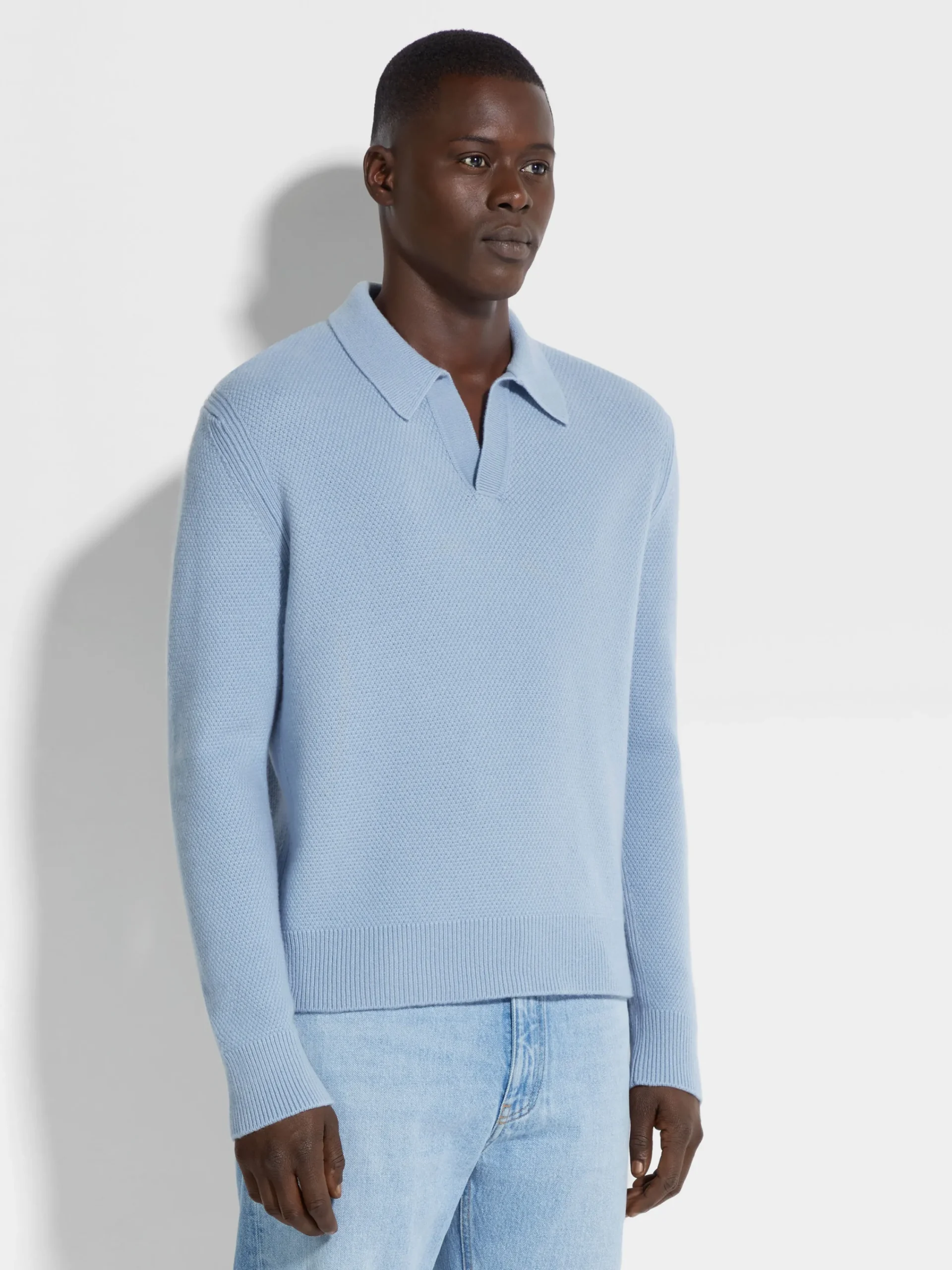 Polo Shirts|Sweaters>ZEGNA Light Blue Mélange Oasi Cashmere Polo Shirt LightBlueMélange