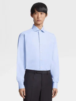 Shirts>ZEGNA Light Blue Sea Island Cotton Long-sleeve Tailoring Shirt LightBlue