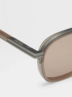 Resort Essentials|Small Gifts>ZEGNA Light Brown Orizzonte I Acetate and Metal Sunglasses LightBrown