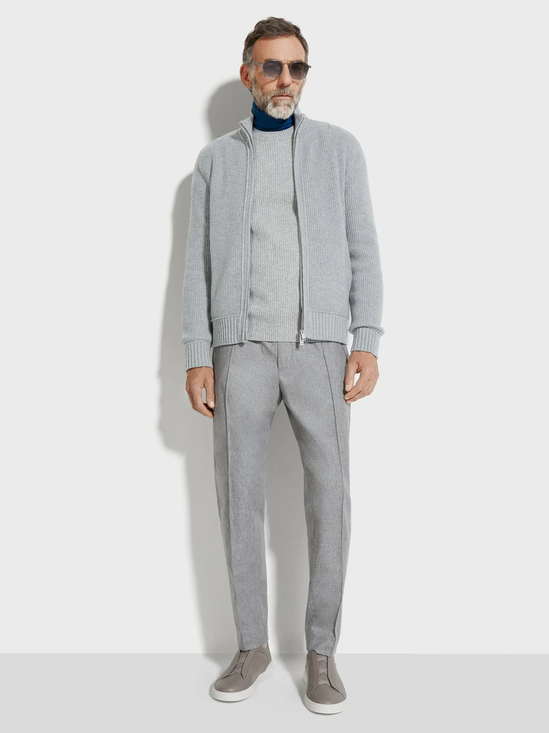 Sweaters>ZEGNA Light Grey and Grey Mélange Oasi Cashmere Full Zip Cardigan LightGrey/GreyMélange