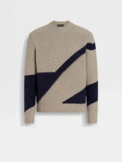 Travel In Style|Sweaters>ZEGNA Light Taupe and Ink Blue Cashmere and Silk Crewneck LightTaupe/InkBlue