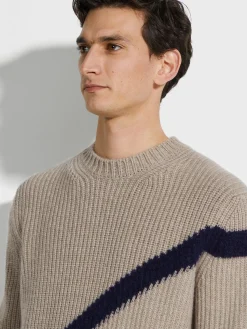 Travel In Style|Sweaters>ZEGNA Light Taupe and Ink Blue Cashmere and Silk Crewneck LightTaupe/InkBlue