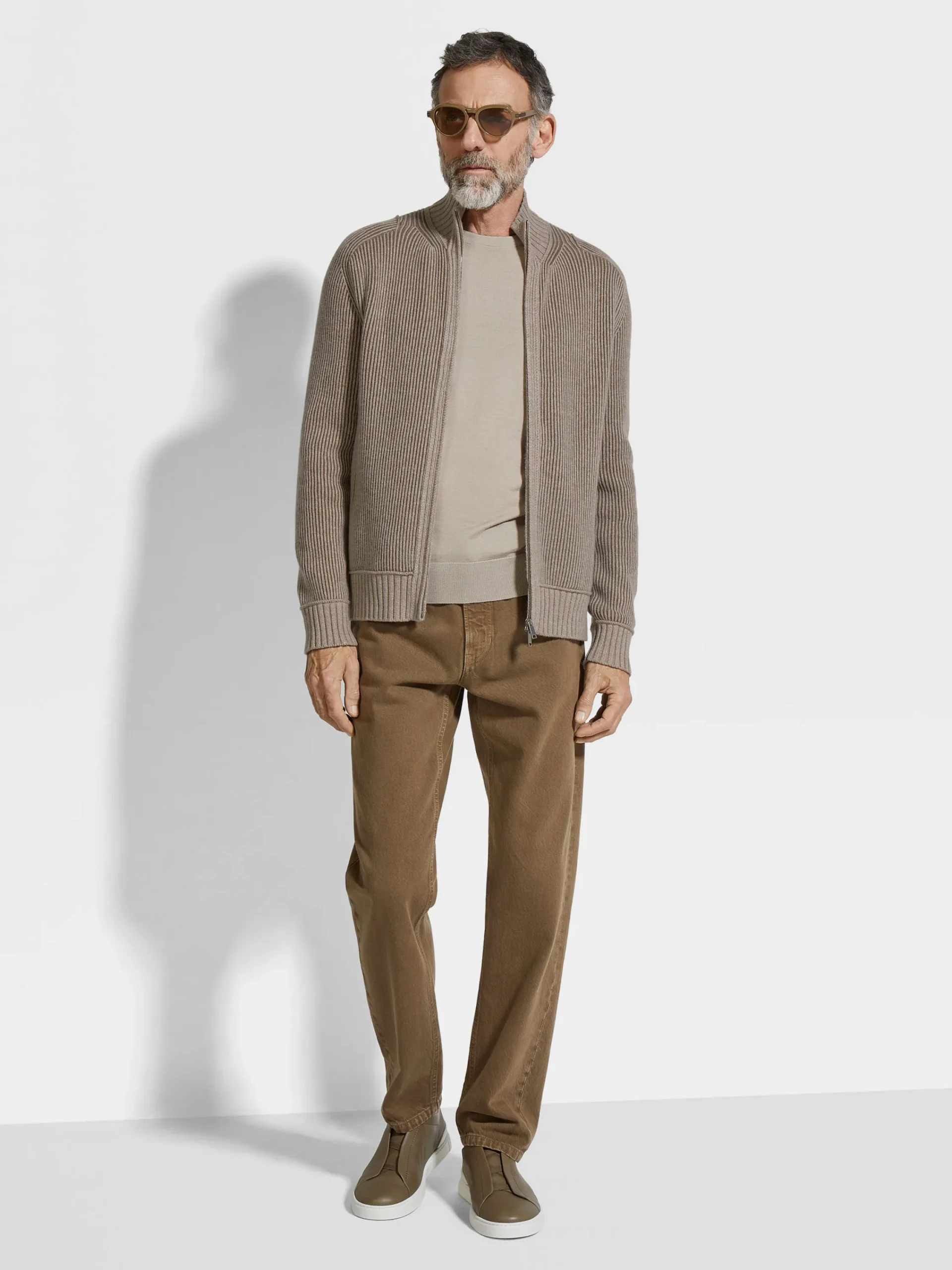 Sweaters>ZEGNA Light Taupe and Khaki Mélange Oasi Cashmere Full Zip Cardigan LightTaupe/KhakiMélange