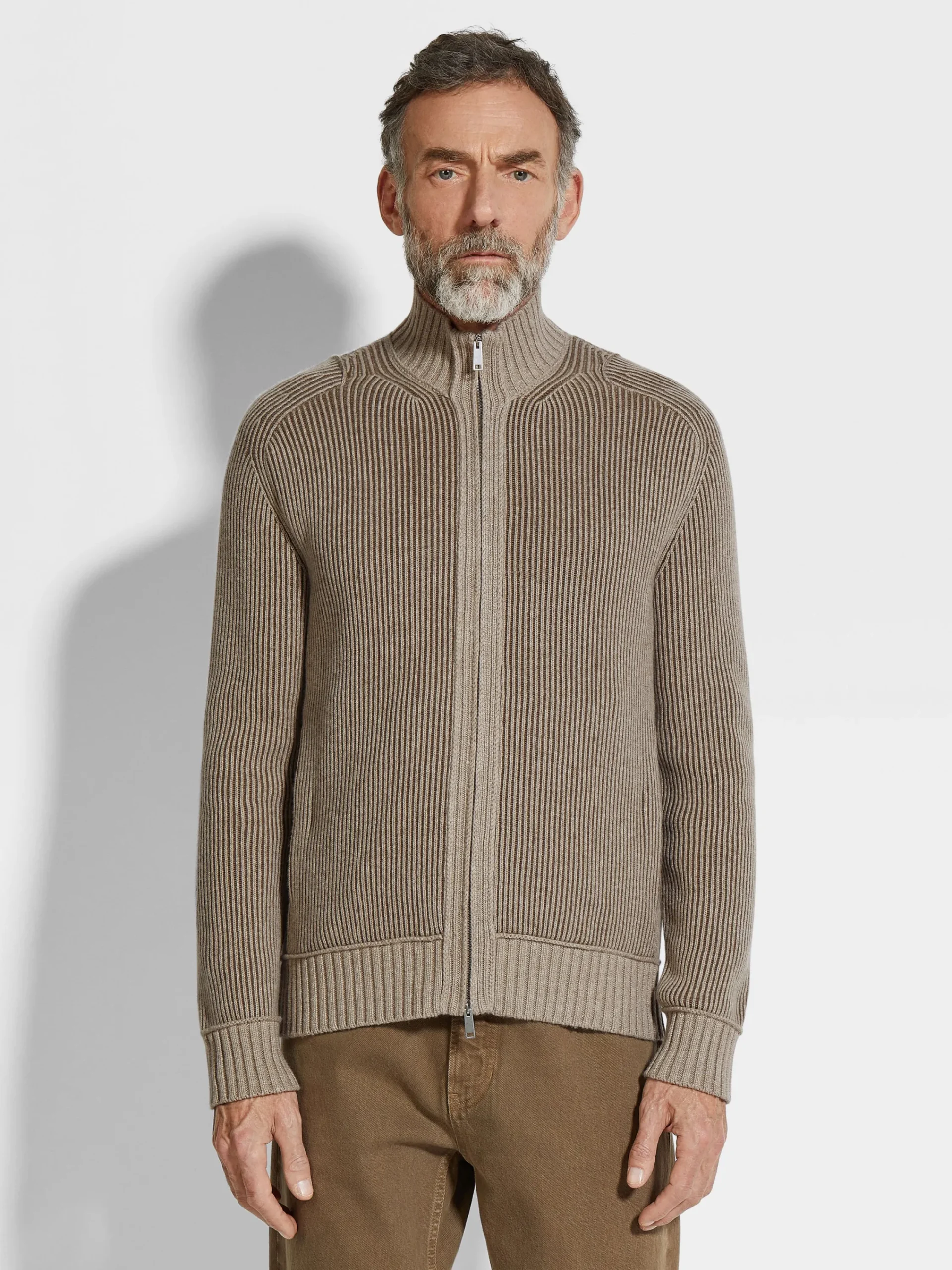 Sweaters>ZEGNA Light Taupe and Khaki Mélange Oasi Cashmere Full Zip Cardigan LightTaupe/KhakiMélange