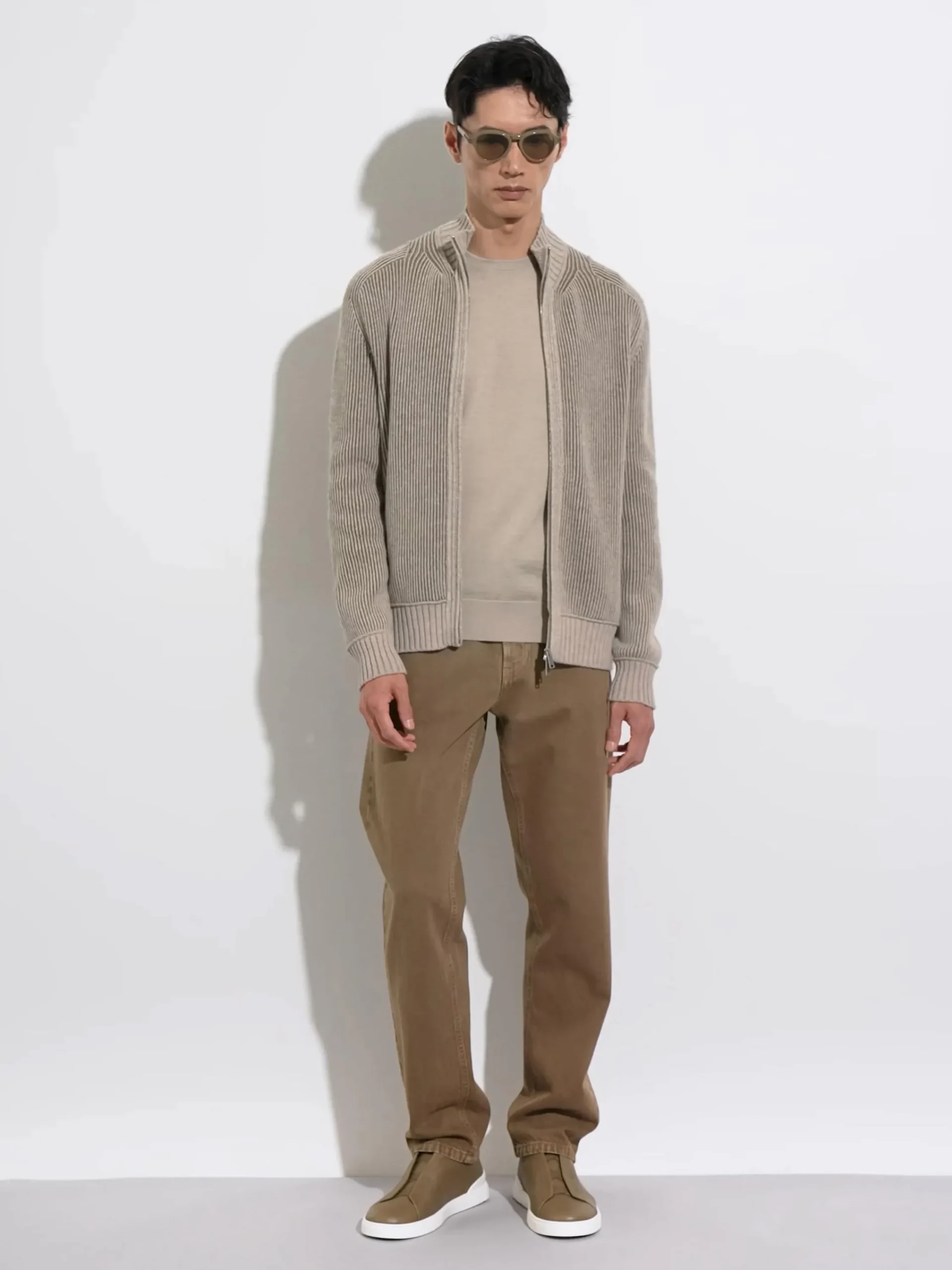 Sweaters>ZEGNA Light Taupe and Khaki Mélange Oasi Cashmere Full Zip Cardigan LightTaupe/KhakiMélange