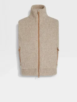 Jackets And Coats>ZEGNA Light Taupe Mélange Cashmere Blend Full Zip Vest LightTaupeMélange