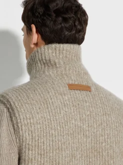 Jackets And Coats>ZEGNA Light Taupe Mélange Cashmere Blend Full Zip Vest LightTaupeMélange