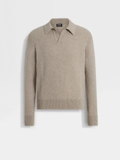 Polo Shirts|Sweaters>ZEGNA Light Taupe Mélange Oasi Cashmere Polo Shirt LightTaupeMélange