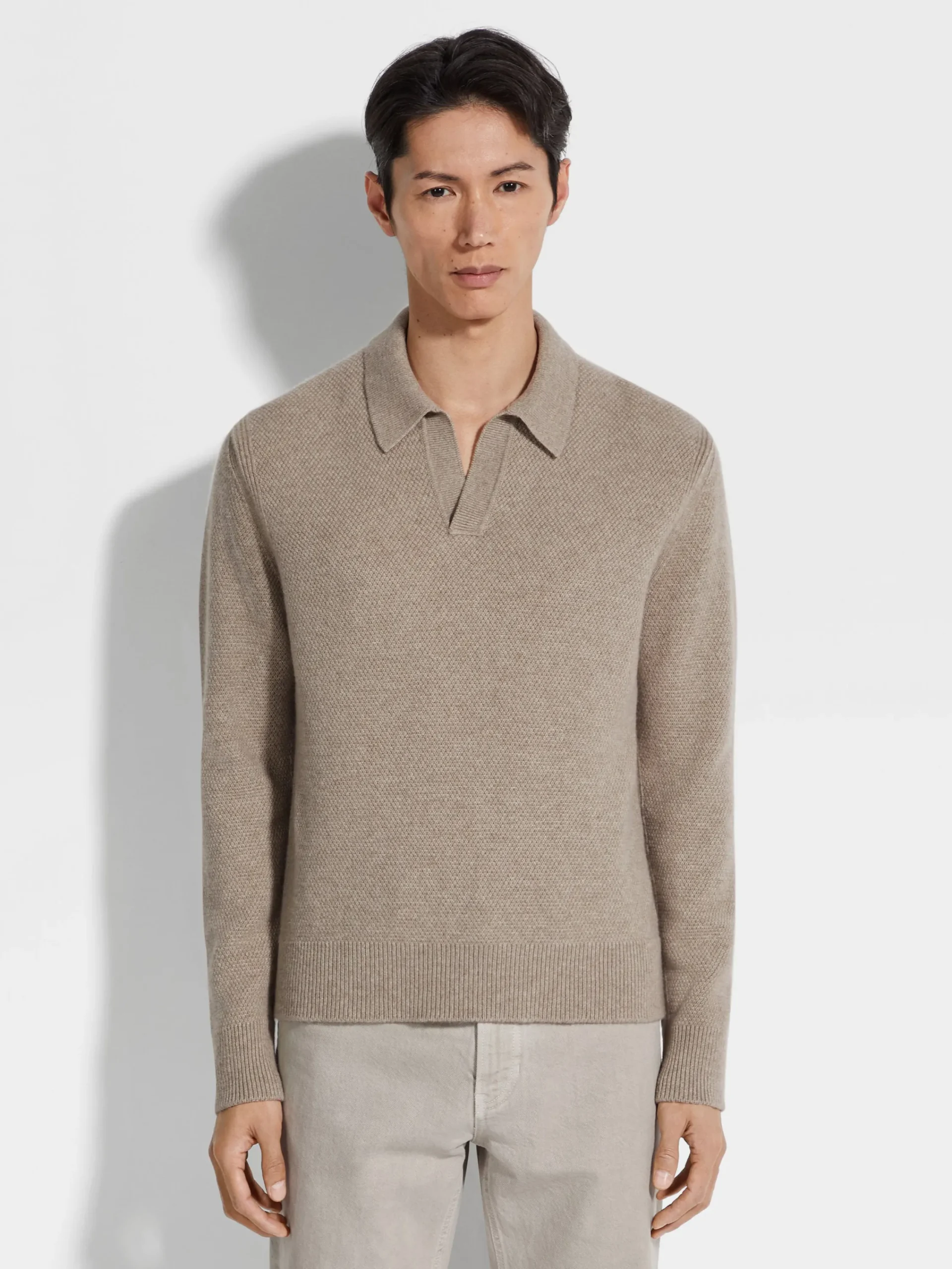 Polo Shirts|Sweaters>ZEGNA Light Taupe Mélange Oasi Cashmere Polo Shirt LightTaupeMélange
