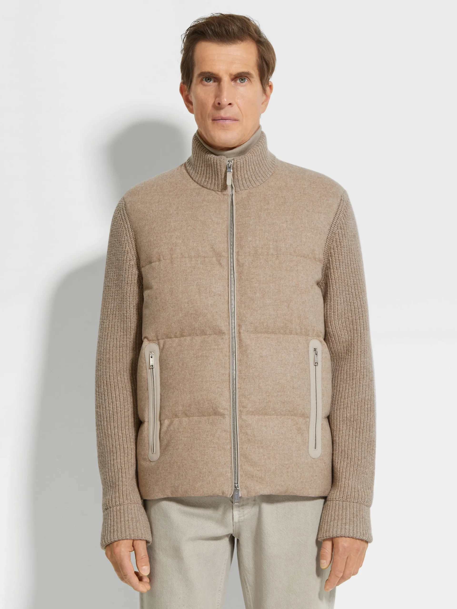 Down Jackets|Jackets And Coats>ZEGNA Light Taupe Multimélange Oasi Cashmere Full Zip Blouson LightTaupeMultimélange