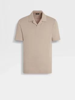 Polo Shirts>ZEGNA Light Taupe Silk and Cotton Piquet Polo Shirt LightTaupe