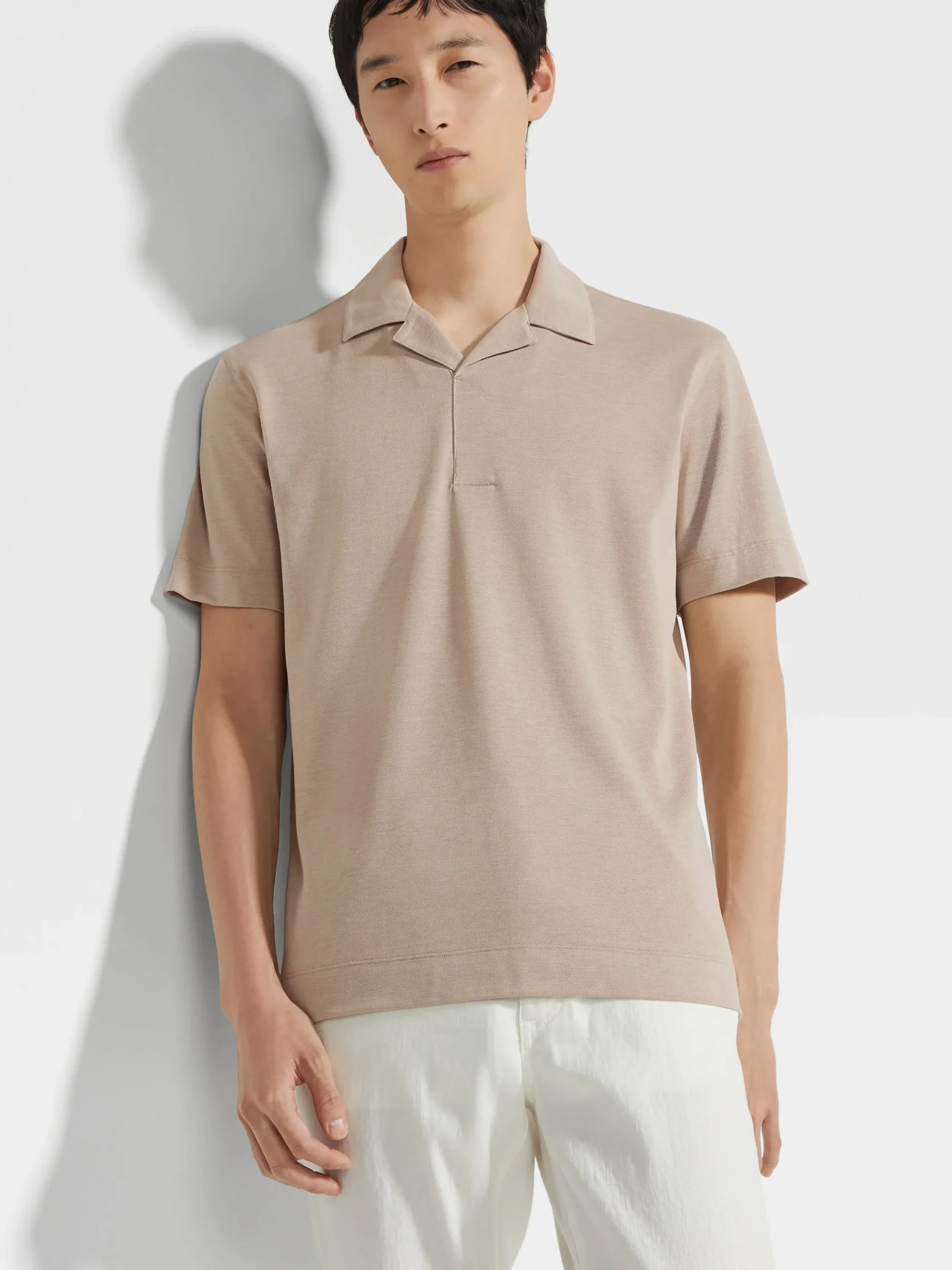 Polo Shirts>ZEGNA Light Taupe Silk and Cotton Piquet Polo Shirt LightTaupe