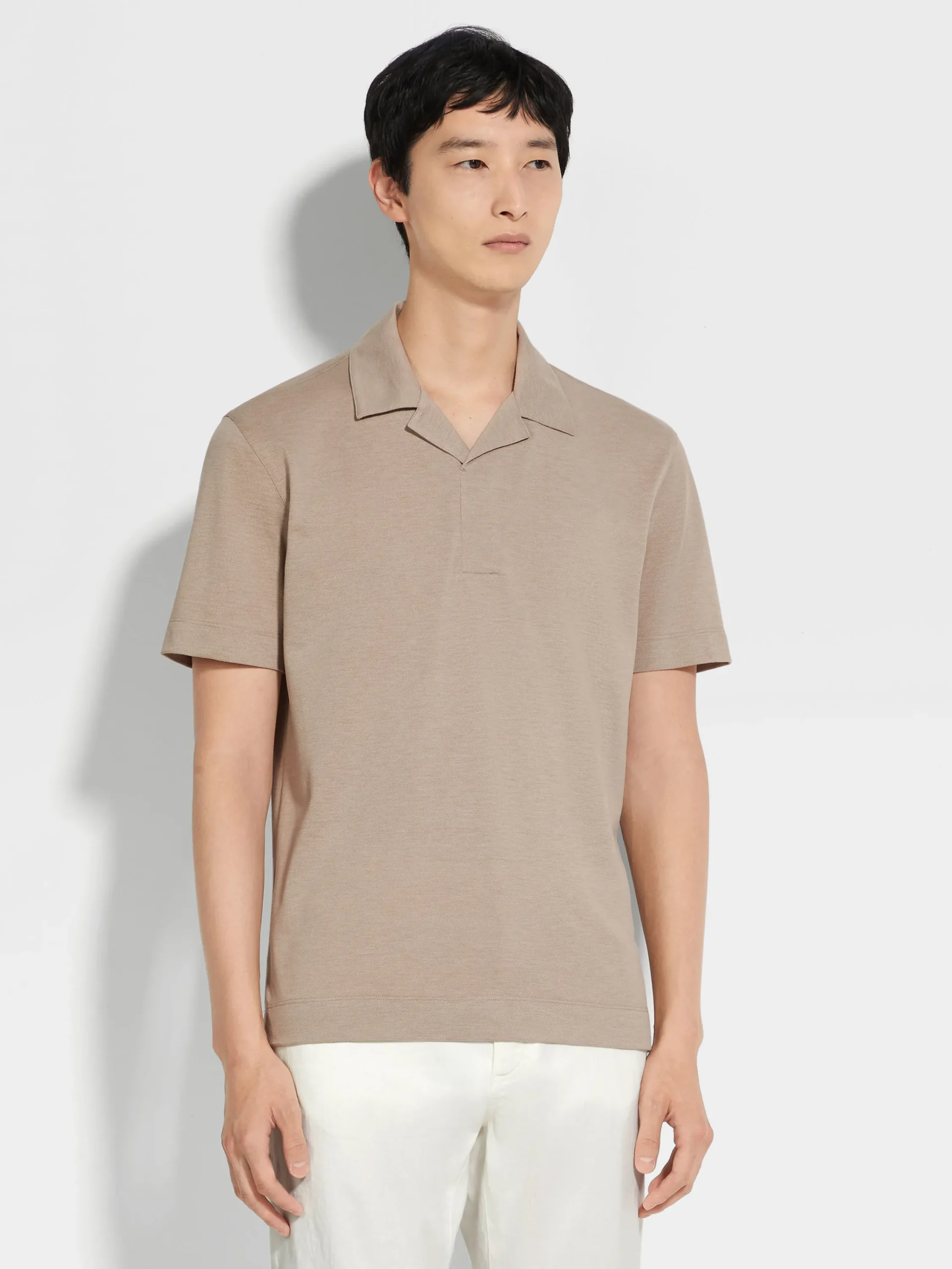Polo Shirts>ZEGNA Light Taupe Silk and Cotton Piquet Polo Shirt LightTaupe