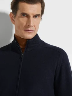 Sweaters>ZEGNA Navy Blue Cashseta Full Zip Cardigan NavyBlue