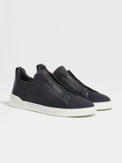 Sneakers>ZEGNA Navy Blue Leather and Suede Triple Stitch™ Sneakers NavyBlue