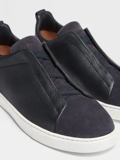 Sneakers>ZEGNA Navy Blue Leather and Suede Triple Stitch™ Sneakers NavyBlue