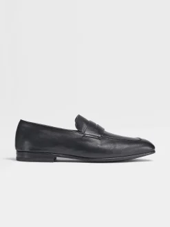 Loafers>ZEGNA Navy Blue Leather L'Asola Loafers NavyBlue